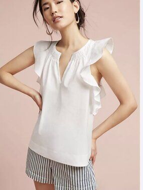 ANTHROPOLOGIE HD in Paris white cotton poplin blouse with ruffle sleeves